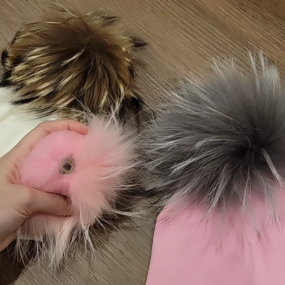 Baby beanie hat with pom poms real fur interchangeable pink and cream hat - Picture 5 of 5